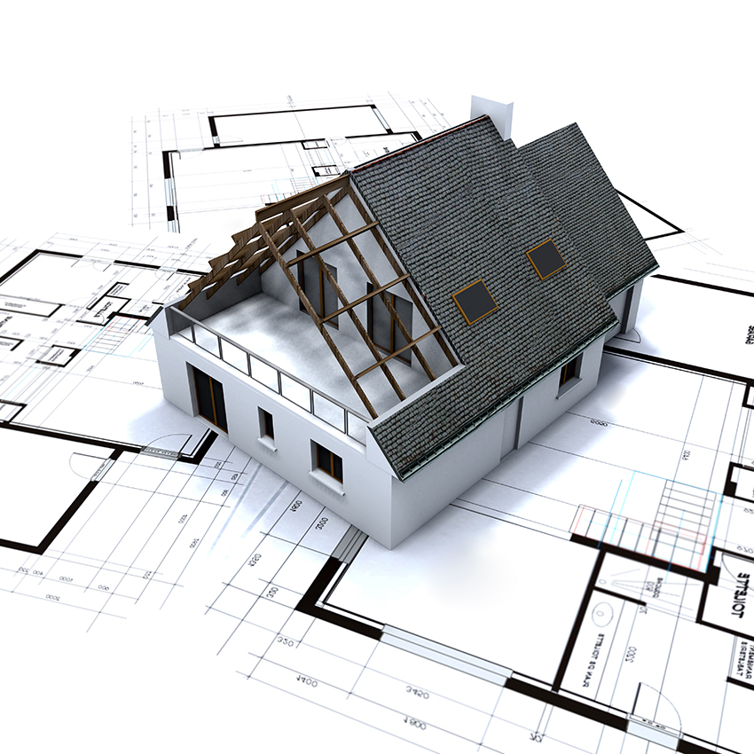 House mockup on architect's blueprints